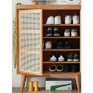 Say goodbye to clutter with this White Oak Rattan Shoe Cabinet